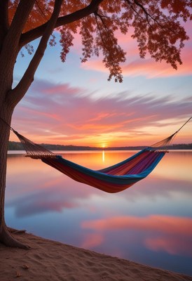 Hammock at sunset over a lake