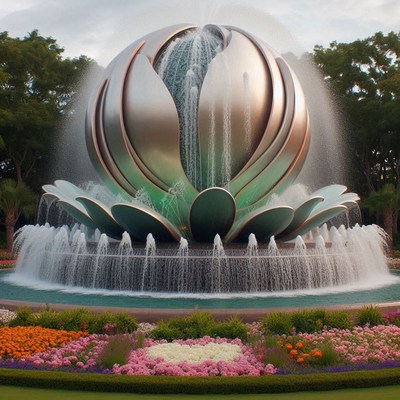 Silver lotus fountain in bloom