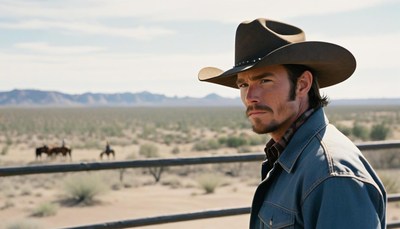 Cowboy in desert landscape