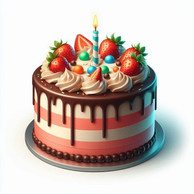 Birthday cake with strawberries and chocolate drizzle