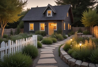 Evening view of a small cottage with a stone path