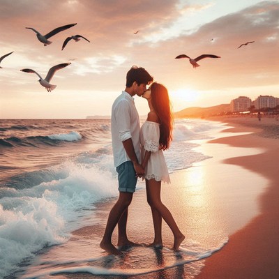Couple kissing at sunset on beach