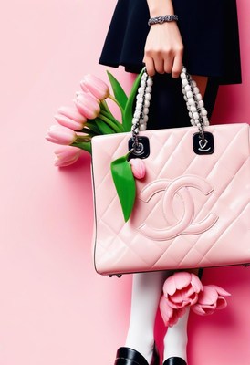 Pink designer bag with tulips
