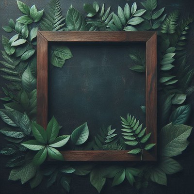 Wooden frame surrounded by green leaves