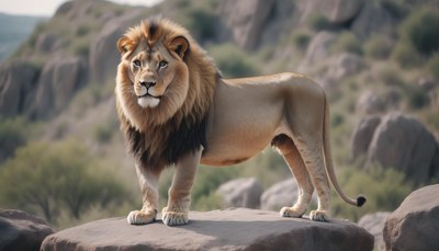 Lion standing on rock in savanna