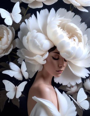 Woman surrounded by white peonies and butterflies