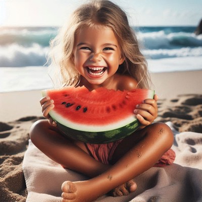 Girl eating watermelon on beach