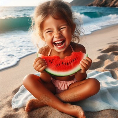 Girl eating watermelon on beach