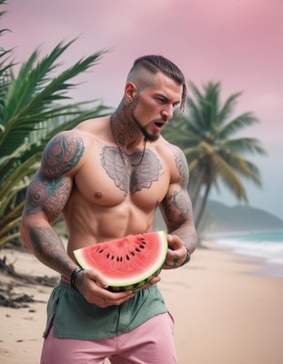 Man eating watermelon on beach