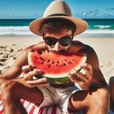 Man eating watermelon on beach