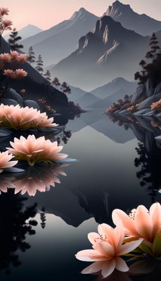 Lotus flowers reflecting in mountain lake