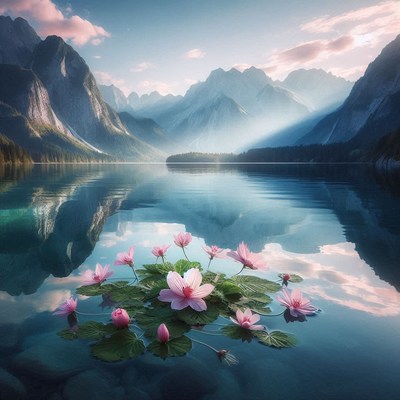 Mountain lake sunrise with lotus flowers