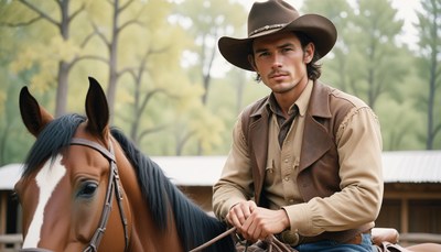 Cowboy riding horse in forest
