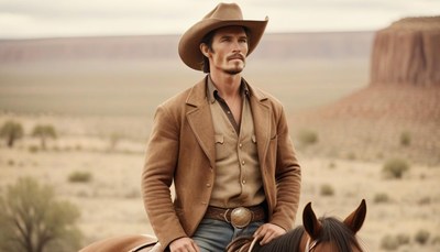 Cowboy riding horse in desert landscape