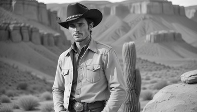 Cowboy posing in desert landscape