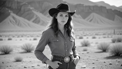 Cowgirl posing in desert landscape