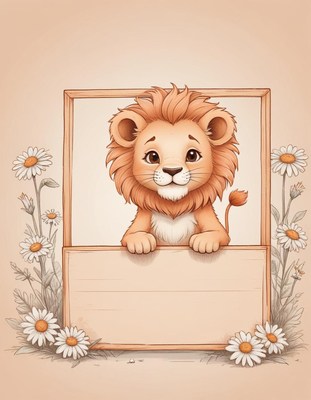 Cute lion holding blank sign