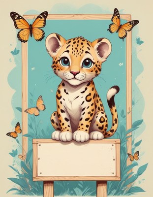 Leopard cub sitting on a sign