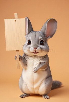 Chinchilla holding a wooden sign