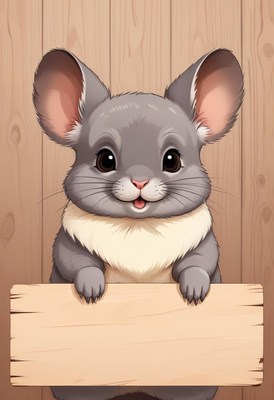 Smiling chinchilla holding a wooden sign