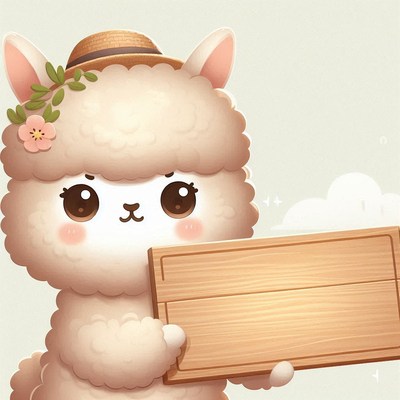 Cute alpaca holding wooden sign
