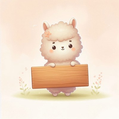 Cute alpaca holding a wooden sign