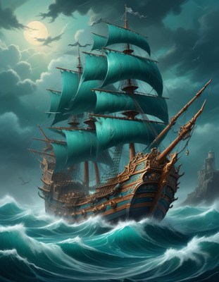 Majestic ship navigating stormy seas under moonlight