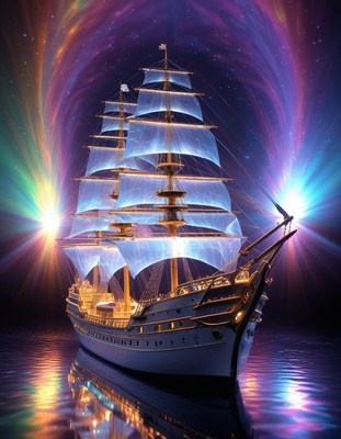 Glowing tall ship sailing under colorful aurora lights