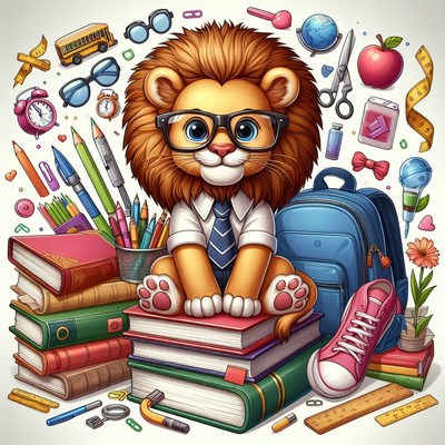 Cartoon lion student surrounded by school supplies