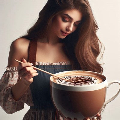 Woman creating art on oversized coffee in café