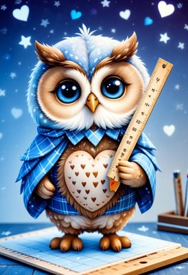 Cute owl holding ruler in cozy blue outfit