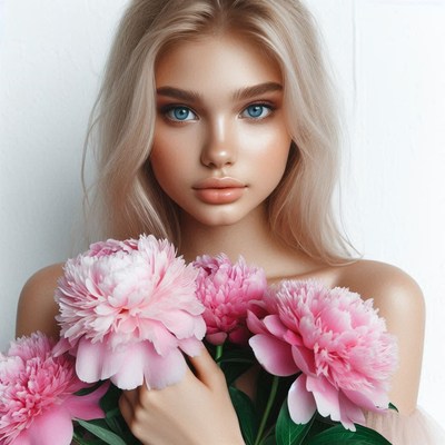 Young woman holding pink peonies against white background