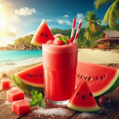 Refreshing watermelon drink on tropical beach at sunset