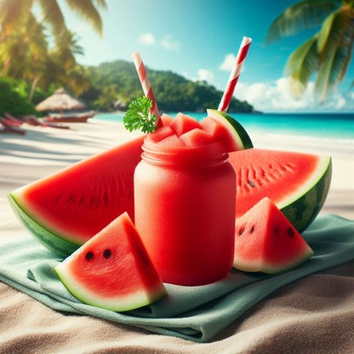 Refreshing watermelon smoothie on tropical beach