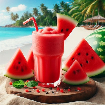 Refreshing watermelon slush at tropical beach setting