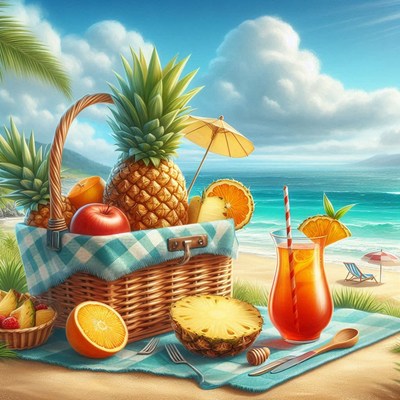 Tropical picnic basket by the ocean on sunny day