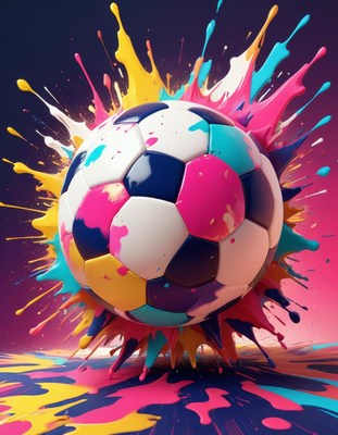 Colorful soccer ball surrounded by paint splashes