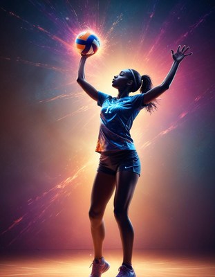 Volleyball player preparing to serve at sunset