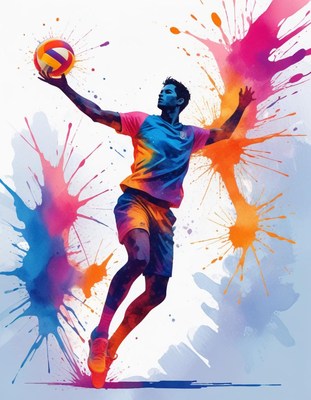 Vibrant volleyball player serving with splash effects