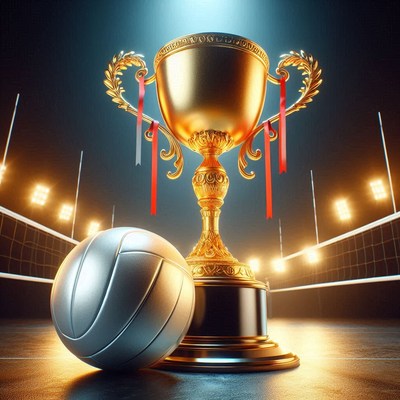 Golden trophy and volleyball in a championship arena