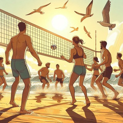 Beach volleyball game at sunset with seagulls flying