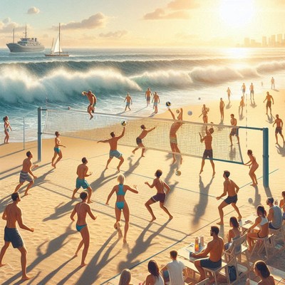 Beach volleyball game at sunset overlooking the ocean