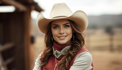 Young cowgirl smiling at ranch during overcast day