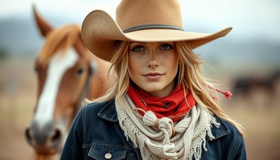 Cowgirl posing with horse in rustic landscape
