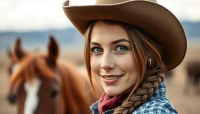 Young cowgirl smiling outdoors with her horse