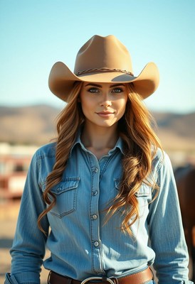 Cowgirl posing outdoors in western attire at dusk