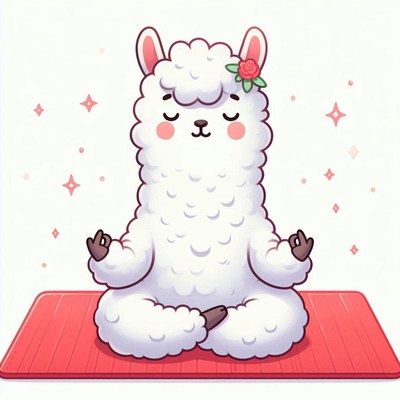 Relaxing llama meditating on a red mat