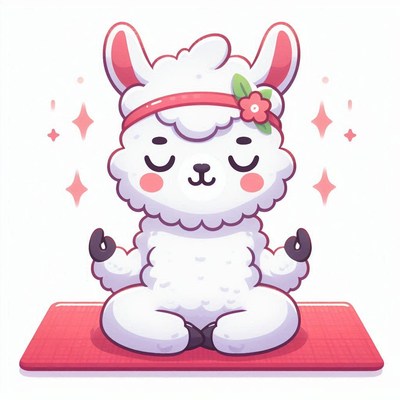 Cute cartoon llama meditating on a red yoga mat