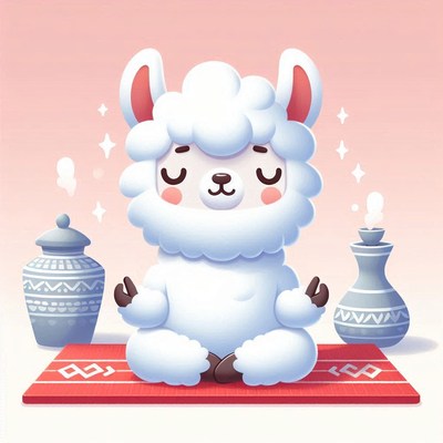 Cute cartoon llama meditating with decorative vases