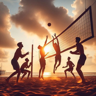 Sunset volleyball match on the beach with friends